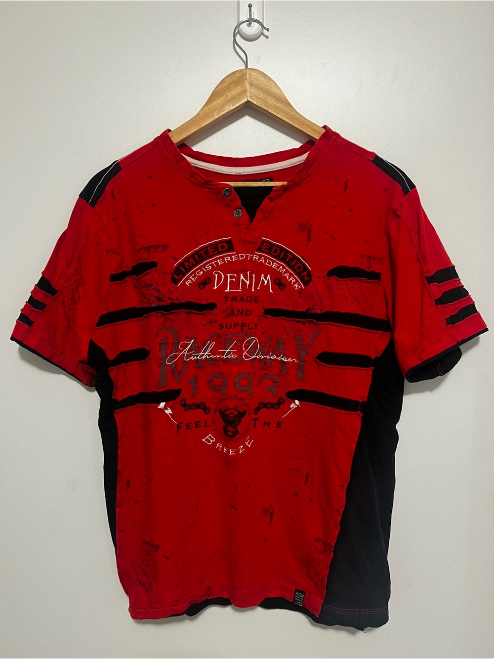 Vintage Oxygen 1993 Distressed Henley Graphic Cyber Grunge Tee Size L fits M